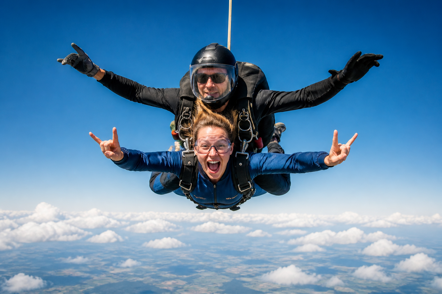 Skydiving freefall over open landscape